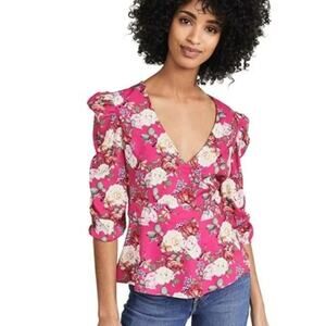 Valencia & Vine Pink White Floral Faux Wrap Puffy Sleeves Top XS